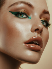 Fototapeta premium Beauty-Porträt einer Frau mit markanten Augenbrauen und grün-türkisem Lidschatten im High Fashion-Stil