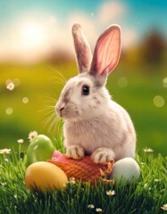 Easter holiday, festive bunny, dyed eggs for the bright holiday