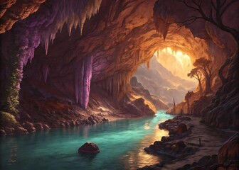 Illuminated Cave with Turquoise Waters and Stalactites