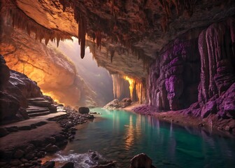 Illuminated Cave with Turquoise Waters and Stalactites
