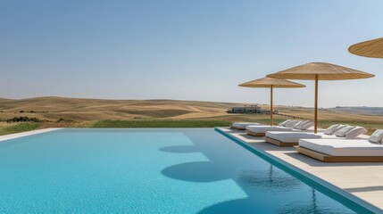 Fototapeta premium Five-star resort pool with floating daybeds, elegant parasols, and a backdrop of rolling hills.