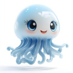 A cute, happy, blue jellyfish cartoon character. 3D rendered digital art. Adorable Baby Jellyfish