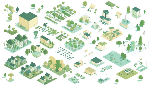 The image is a digital illustration showing a collection of isometrically rendered landscape elements. These include various types of trees, shrubs, houses, gardens, and other landscape features.