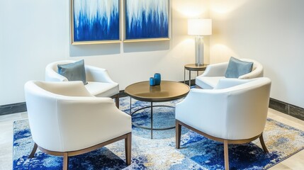 Hotel business lounge with stylish seating, complimentary coffee station, and high-speed internet.