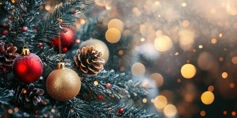 Festive Christmas tree adorned with ornaments and lights creating a warm holiday atmosphere