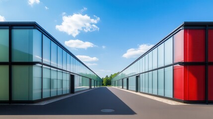 Modern glass buildings, sunny day, park view, architectural design