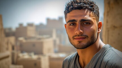 Young Man Portrait Against a Blurred Background of Traditional Middle Eastern Architecture