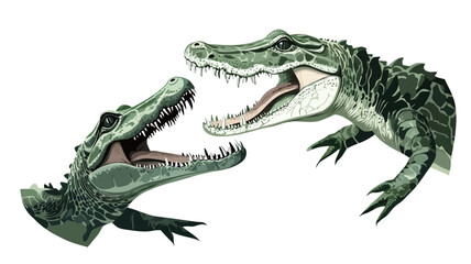 The image is an illustration depicting two alligator heads, one in profile view and the other in a three-quarter view, facing each other.  Both alligators are rendered in shades of green with