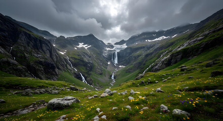 Mountain Valley with Cascading Waterfalls and Dramatic Cloudy Sky