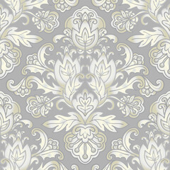 Damask style pattern, abstract flowers, grey colors. Seamless floral pattern-673.