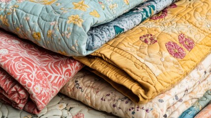 Fototapeta premium Colorful Quilts Stacked Together for Cozy Home Decor Inspiration