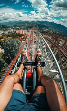 A first-person perspective view from a rollercoaster car, high above a city and landscape.