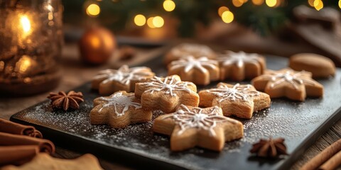 Delightful star-shaped cookies decorated with icing on a dark platter during a cozy winter gathering
