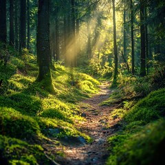 Obraz premium Enchanted Forest Pathway, a vibrant scene of lush green trees and soft sunlight illuminating a winding trail, inviting exploration of nature's serene beauty.