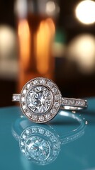 A close up image shows a beautiful diamond engagement ring