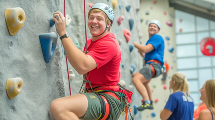 Climbing enthusiasts engage in indoor rock climbing at a gym