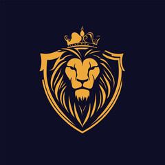 Vector logo of a lion's head with a crown on a shield, in gold color on a dark blue background