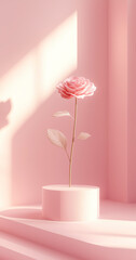 A delicate pink rose stands on a minimalist round podium in soft sunlight. The elegant monochrome scene is perfect for a mockup.