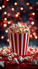 Popcorn in striped container surrounded by sparkling lights creates festive atmosphere in a cozy setting