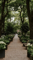 Tranquil park path, NYC, lush greenery, benches, people strolling, background buildings. Perfect for travel, nature, peace