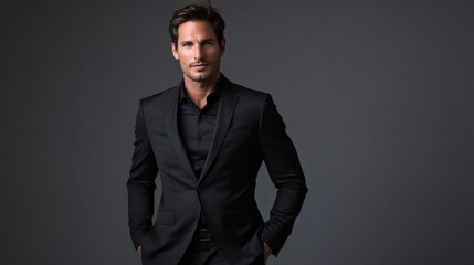 Fototapeta premium A handsome man wearing a black suit posing confidently