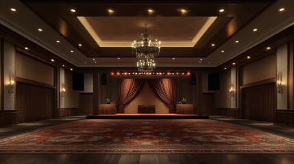 Large hotel ballroom set up for a corporate conference with elegant chandeliers and stage lighting.