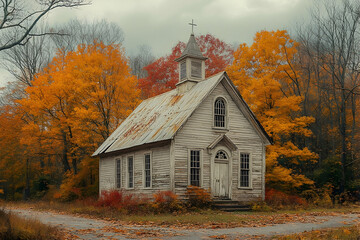 Autumnal Church in a Rural Woods