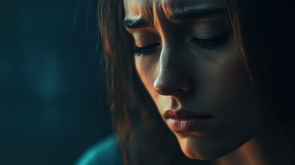 Sad woman, portrait and crying with trauma for abuse, anxiety or mental illness on a dark studio background. Scared, female person or nervous victim with feeling, emotion or afraid in isolation
