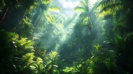 Fototapeta premium Dense tropical jungle sunlight beauty high resolution Background