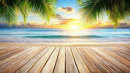 Tropical beach sunset, wooden deck view