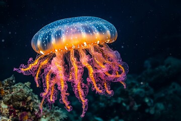 A Beautiful Jellyfish Swimming Gracefully In The Deep Blue Sea