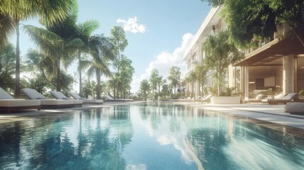 Obraz premium Luxury hotel swimming pool with crystal-clear water, surrounded by palm trees and elegant lounge chairs under the sun.