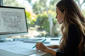 A female architect meticulously reviews blueprints, utilizing a computer and pen for precision and detailed design work.
