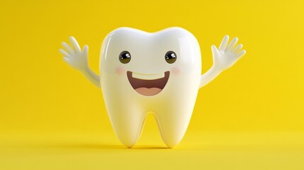  an illustration of a healthy white tooth, having hands, eyes and mouth, smilling at the camera on yellow background