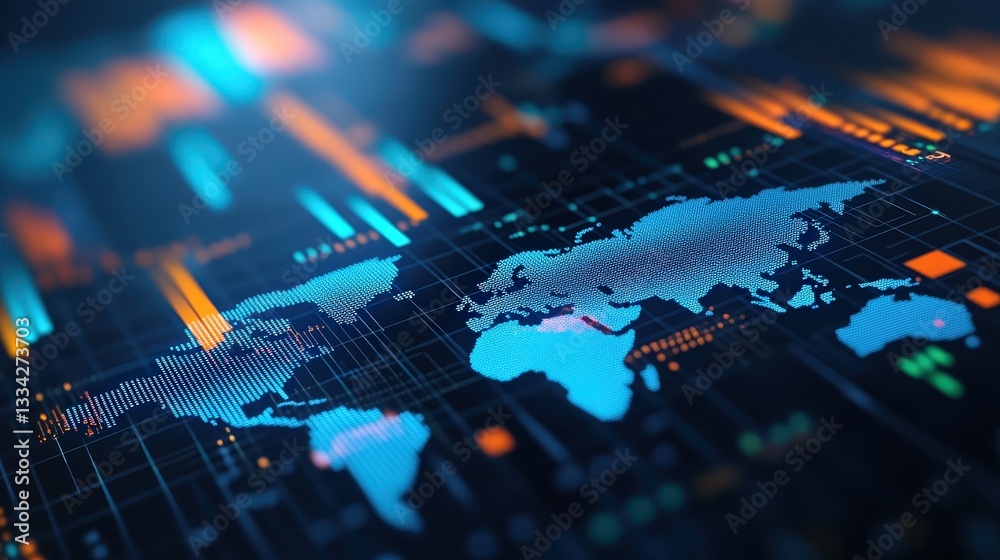 Poster a digital world map visualization displaying data trends with vibrant colors and graphs, emphasizing