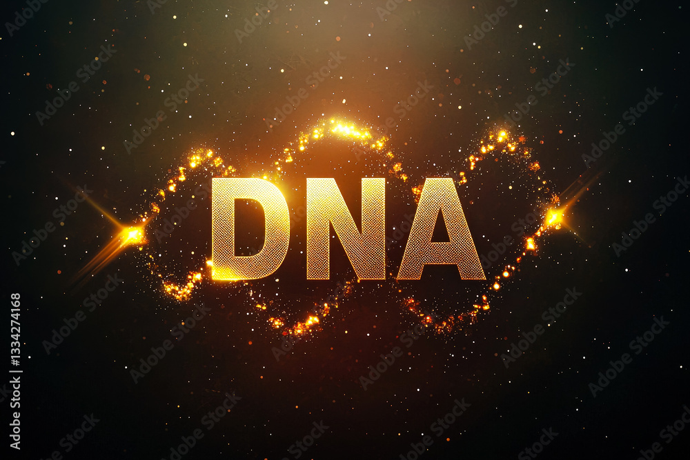 Poster shimmering golden dna representation illuminated against a dark background during a scientific prese