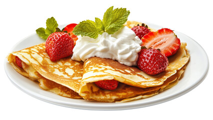 A plate of golden crepes filled with fresh strawberries and whipped cream