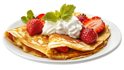 A plate of golden crepes filled with fresh strawberries and whipped cream