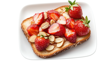 A strawberry and honey toast topped with sliced almonds