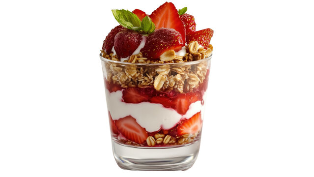 A strawberry and yogurt parfait layered in a glass
