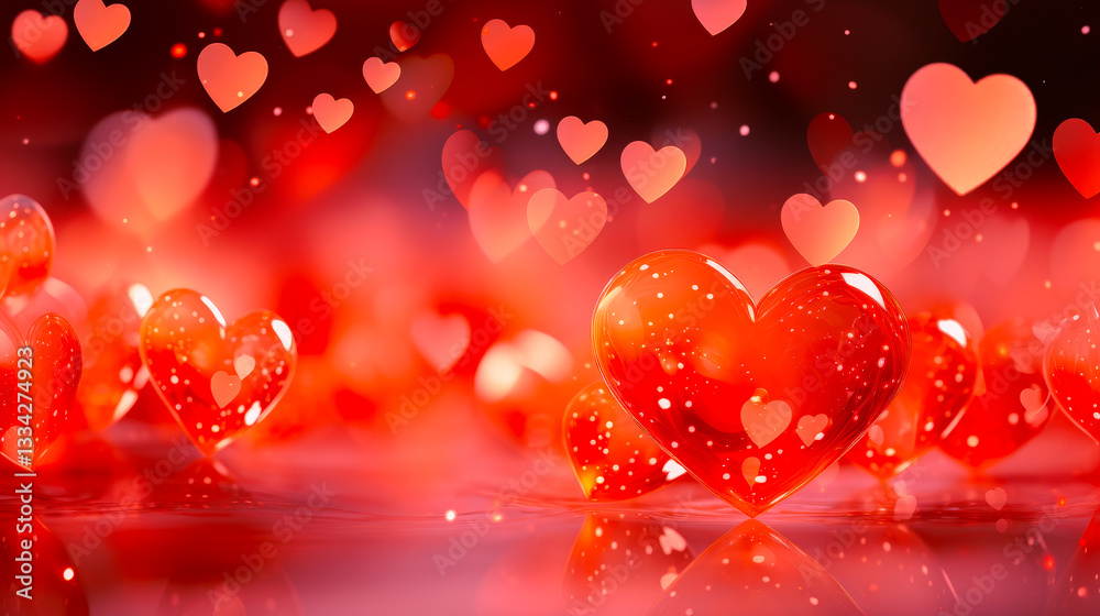 Poster vibrant red hearts scattered on a shimmering surface, creating a romantic atmosphere for a special o
