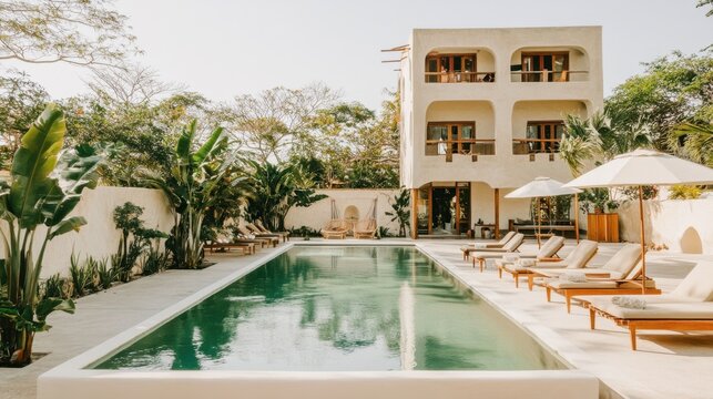 Quiet boutique hotel pool with a minimalist design, cozy lounge chairs, and a peaceful atmosphere.