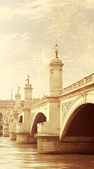 Fototapeta premium Festive fireworks over Parisian bridge at sunset; romantic city scene for travel brochures or calendars