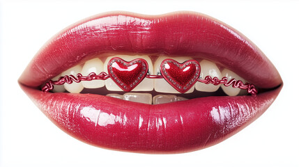 Obraz premium women's lips with teeth, and on the teeth there are heart shaped braces, isolated on white background