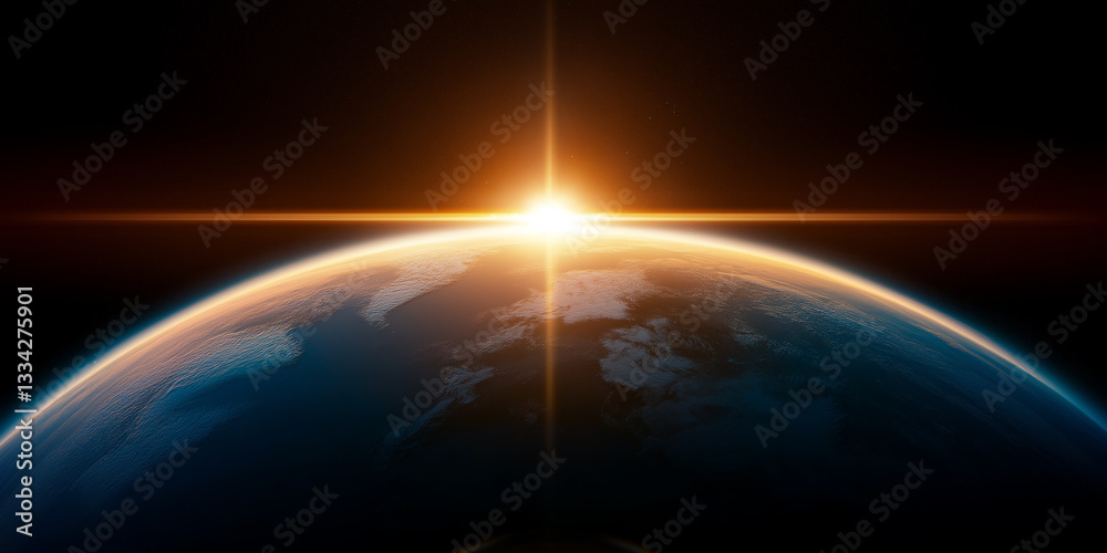 Poster planet earth rotating in space with sun shining brightly