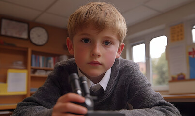 Focused schoolboy with microscope in classroom