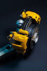 Fototapeta premium rear drift car with disc brakes with two yellow calipers for hydraulic handbrake