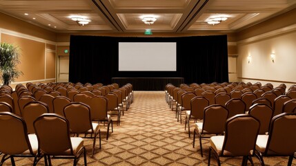 Fototapeta premium Spacious hotel event hall with a projector screen, stylish carpeting, and a stage for keynote speakers.