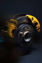 rear drift car with disc brakes with two yellow calipers for hydraulic handbrake