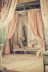 Elegant Vintage Room Interior Design with Peach Curtains and Antique Furniture